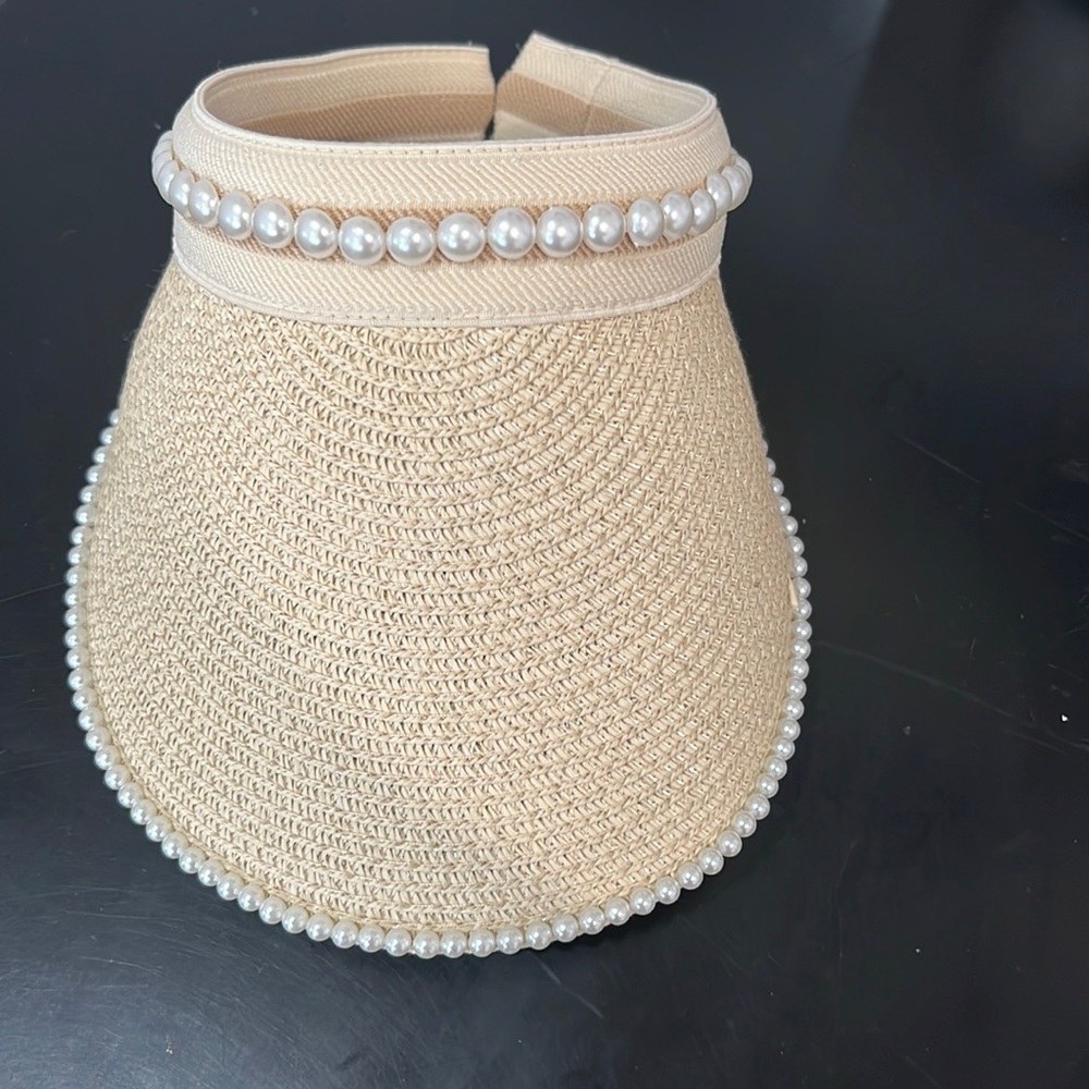 Straw visor with pearl accents